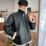 Men's Lamb Fur Leather Jacket Patchwork Autumn