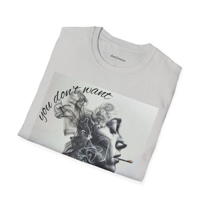 Stylish Unisex Softstyle T-Shirt with Smoky Artwork, Casual Wear, Gift for Smokers, Unique Graphic Tee, Statement Shirt, Trendy Apparel