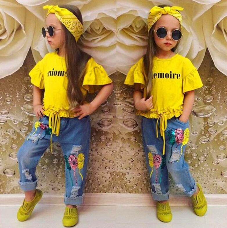 Одежда для девочек, хлопковая желтая футболка с надписью, джинсовый костюм
