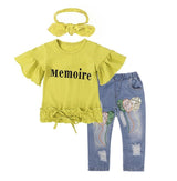Vêtements pour filles en coton, T-Shirt avec lettres jaunes, costume en jean