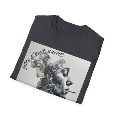 Stylish Unisex Softstyle T-Shirt with Smoky Artwork, Casual Wear, Gift for Smokers, Unique Graphic Tee, Statement Shirt, Trendy Apparel