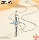 ZDADAN 925 Silver Blue Zircon Cross Pendant Necklace for Women