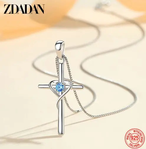 ZDADAN 925 Silver Blue Zircon Cross Pendant Necklace for Women