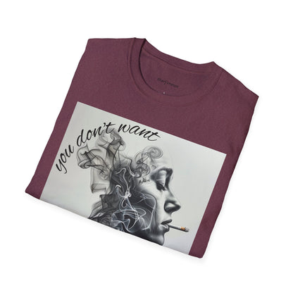 Stylish Unisex Softstyle T-Shirt with Smoky Artwork, Casual Wear, Gift for Smokers, Unique Graphic Tee, Statement Shirt, Trendy Apparel