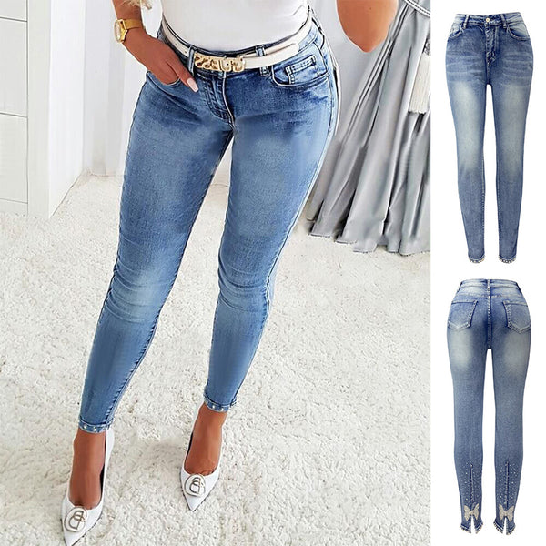 Женские джинсы, европейские и американские модные узкие брюки с высокой талией, расшитые бисером