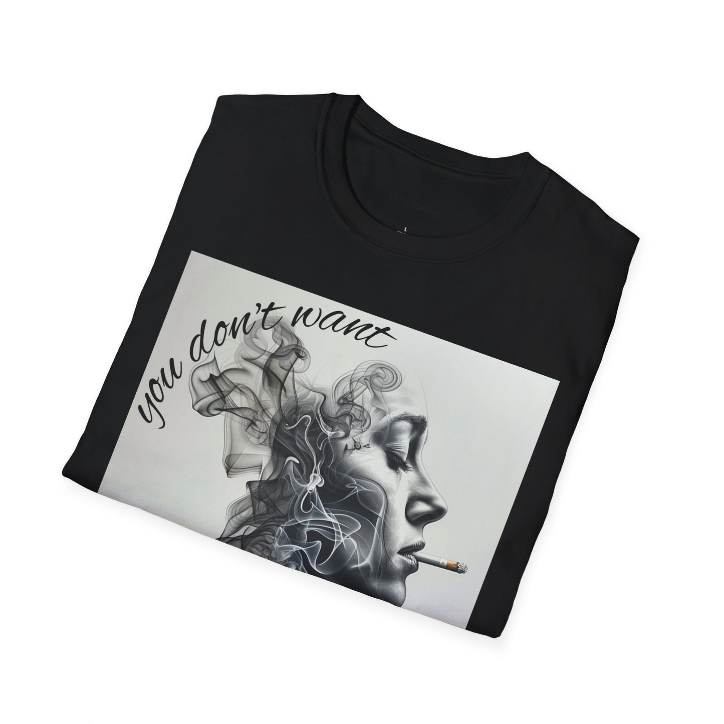 Stylish Unisex Softstyle T-Shirt with Smoky Artwork, Casual Wear, Gift for Smokers, Unique Graphic Tee, Statement Shirt, Trendy Apparel