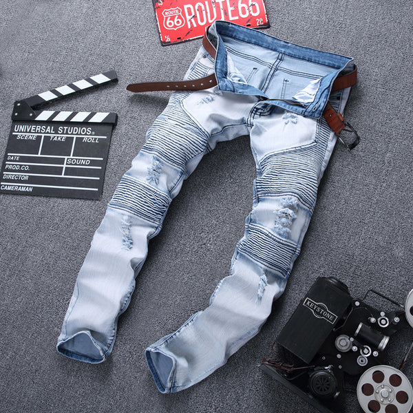 Ripped Motorcycle Pleated Jeans European And American Slim Fit Stretch Feet Pants