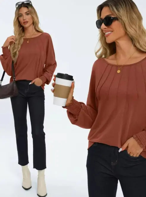 Women's Pleated O-Neck Blouse