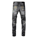 Men Speckle Ink Printed Vintage Pleated Ripped Jeans