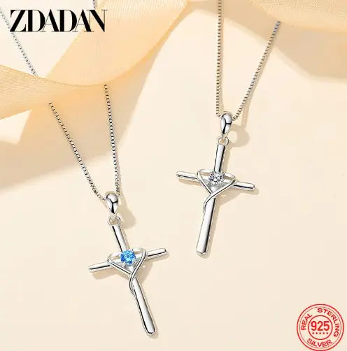 ZDADAN 925 Silver Blue Zircon Cross Pendant Necklace for Women