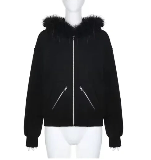 Vintage Chic Fur Collar Zip-Up Hoodie