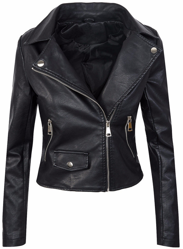 Women's Fall Winter Coat Slim PU Leather Short Zipper Leather Jacket Leather Coat