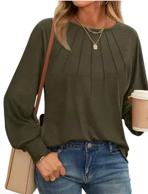 Women's Pleated O-Neck Blouse