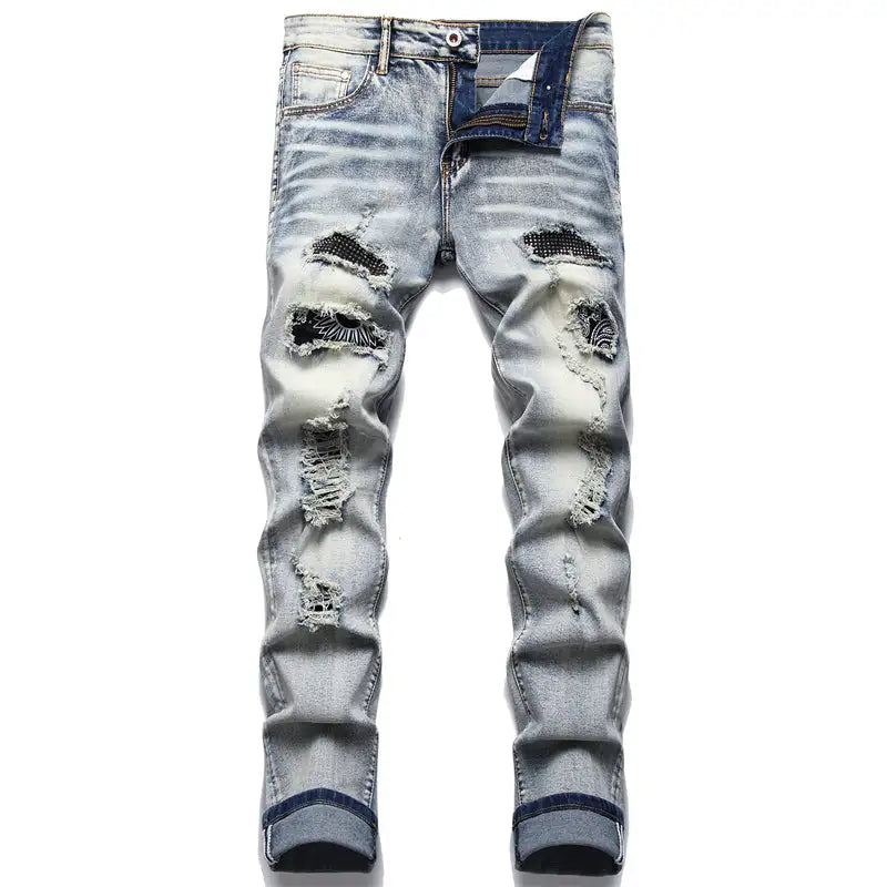 Повседневные черные джинсы Paint Slim Straight Hole Biker Jeans