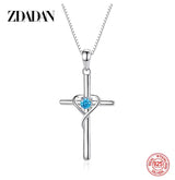 ZDADAN 925 Silver Blue Zircon Cross Pendant Necklace for Women