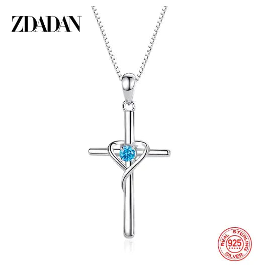 ZDADAN 925 Silver Blue Zircon Cross Pendant Necklace for Women