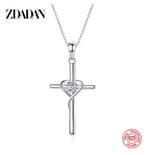 ZDADAN 925 Silver Blue Zircon Cross Pendant Necklace for Women