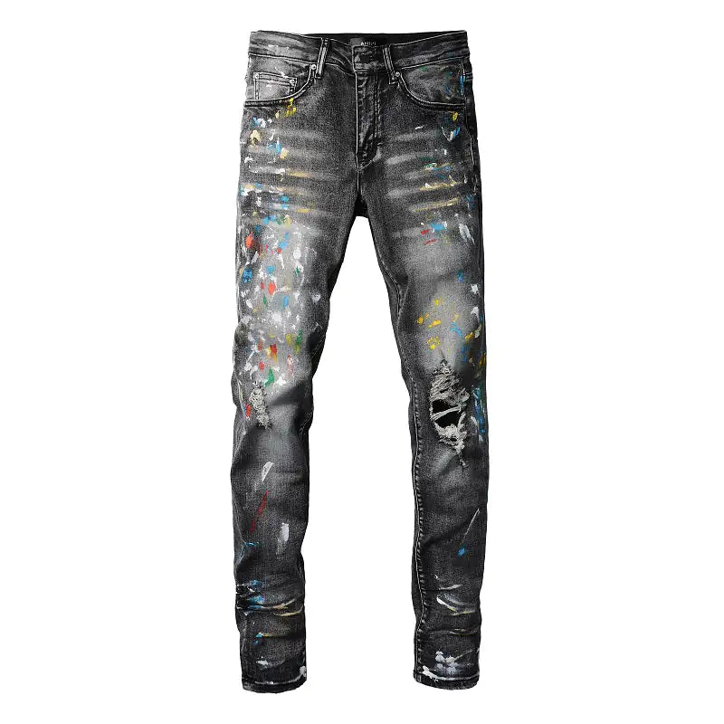 Men Speckle Ink Printed Vintage Pleated Ripped Jeans