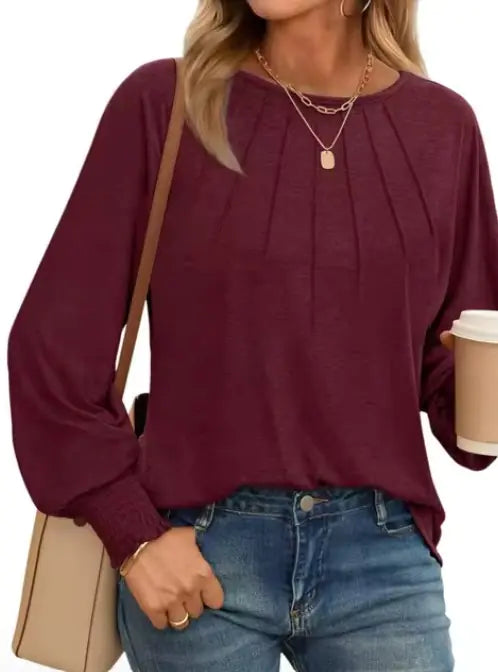 Women's Pleated O-Neck Blouse