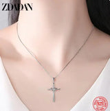 ZDADAN 925 Silver Blue Zircon Cross Pendant Necklace for Women